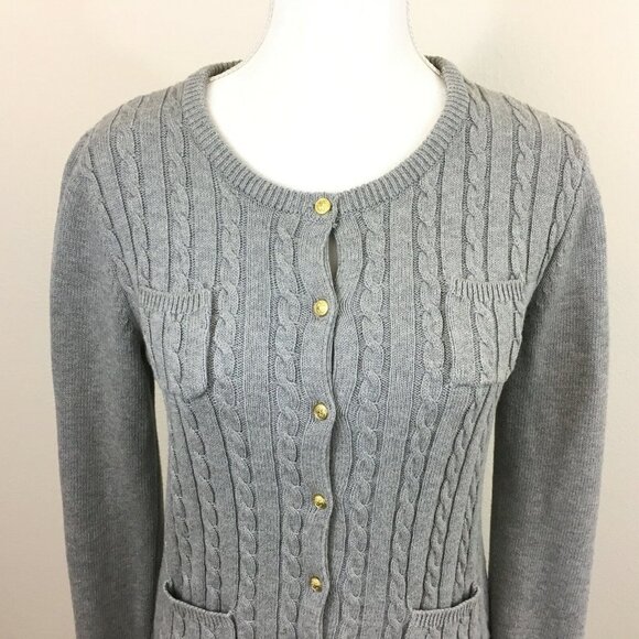 Adrienne Vittadini Gray Cable Knit Cardigan Sweater Career Size M 100% Cotton - Picture 2 of 10